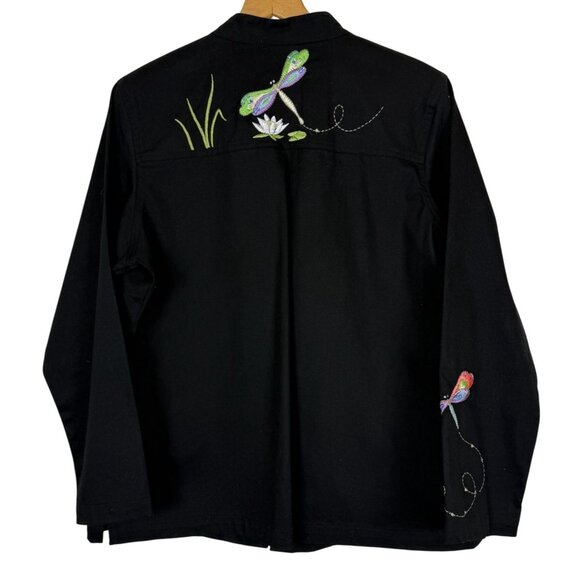 Quacker Factory Black Embroidered Dragonflies Jacket Sz Large Zip Up Colorful - Picture 6 of 10